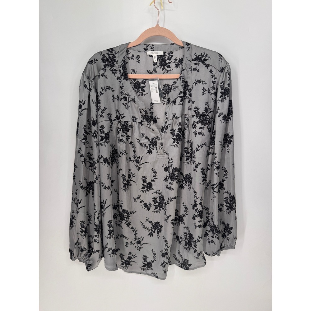 Maurices Blouse Womens 2X Gray NWT Floral Split Neck Long Sleeve Relaxed Fit